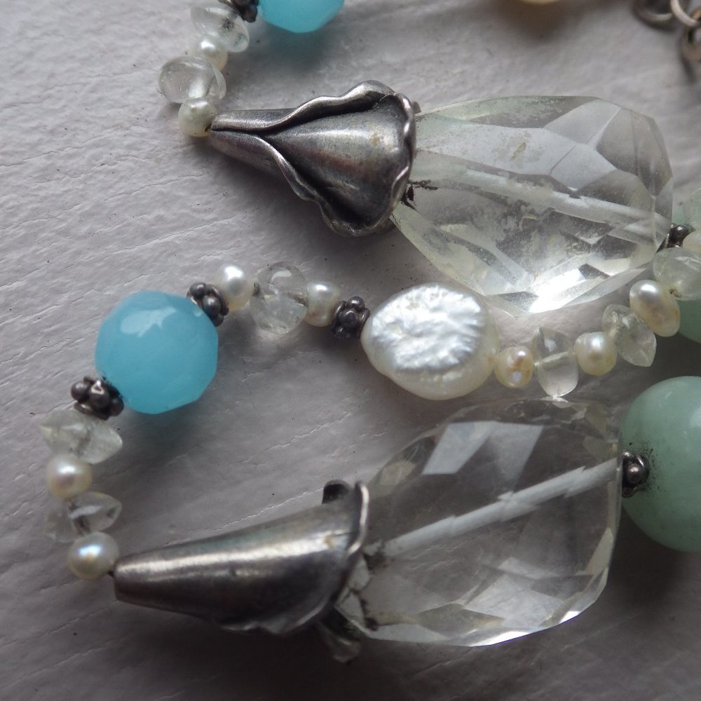 Vintage Genuine Pearl Rock Crystal Gemstone Sterling Silver Cluster Necklace